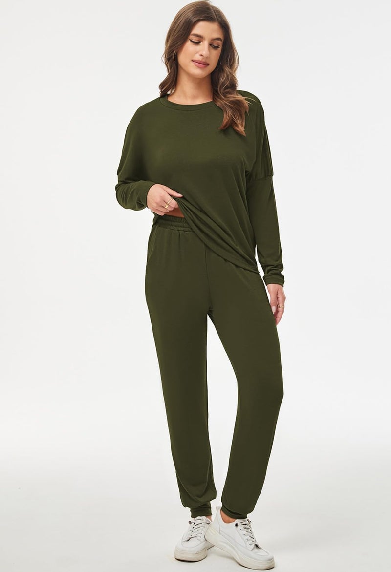 Fixmatti Long Sweatsuits for Women 2 Piece Casual Outfit Pant Set Gym Army Green L - Image 4